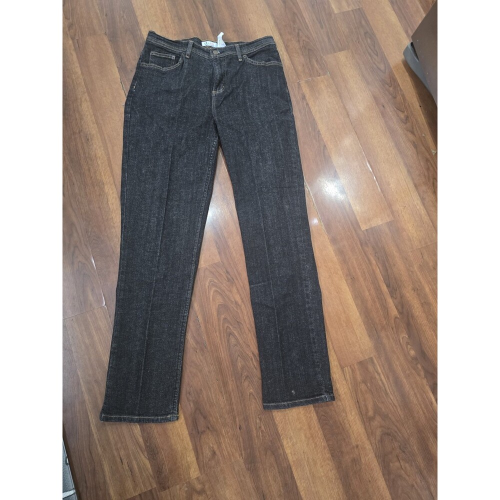Denim & Co Stretch Black Jeans  Straight Leg 5‑Pocket contrasting yellow stitch